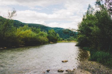 Uçurumlar arasındaki dağ nehri. Nehrin mavi berrak suyu. Nehir kıyısında genç yeşil yapraklar, bahar
