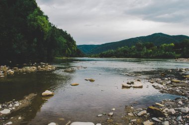 Uçurumlar arasındaki dağ nehri. Nehrin mavi berrak suyu. Nehir kıyısında genç yeşil yapraklar, bahar