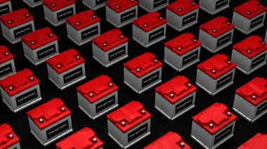 Araba bataryası siyah arka planda duruyor. 3d oluşturma