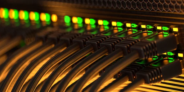 Koncepcja Serwerowni Kable Ethernet Lub Lan Podłączone Szafki Serwerowej Światłami — Zdjęcie stockowe