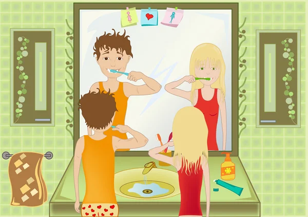 Boy and girl brush their teeth together — Stock Vector