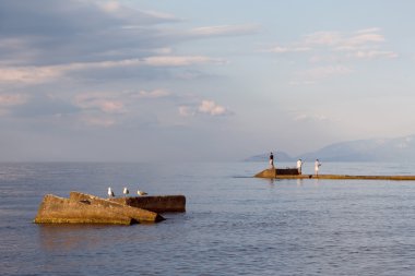 Üç martılar ve deniz zemin üzerinde üç balıkçı