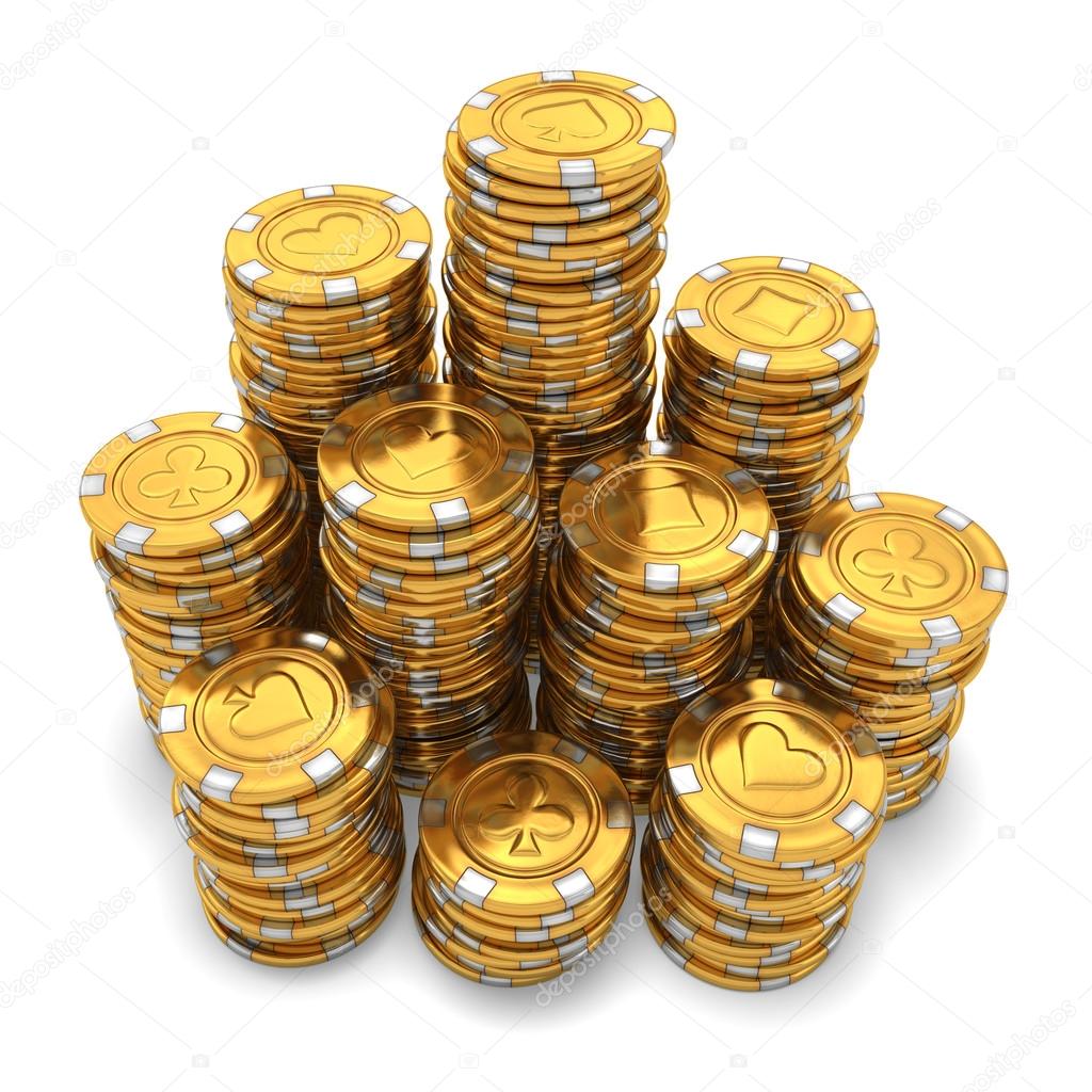Large group of gold casino chips on white