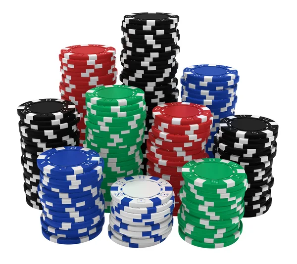 Große Stapel von bunten Casino-Chips isoliert auf weiß — Stockfoto