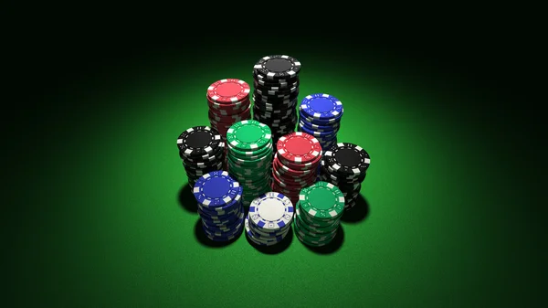 Große Stapel Pokerchips auf Grün — Stockfoto