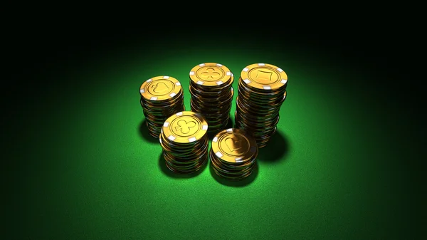 Medium group of gold poker chips on green — Stock Photo, Image