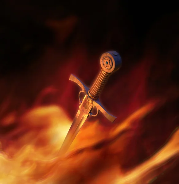 3D-illustrasjon av et middelaldersk sverd i brann – stockfoto