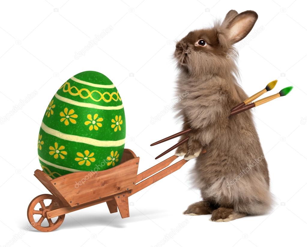 Funny Easter bunny rabbit with a wheelbarrow and a green Easter
