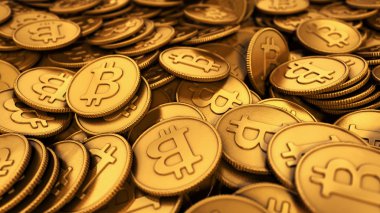 Altın bitcoins büyük bir grup illüstrasyon