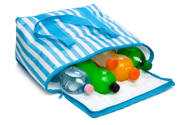 Open blue striped cooler bag with five cool refreshing drinks — Stock Photo, Image