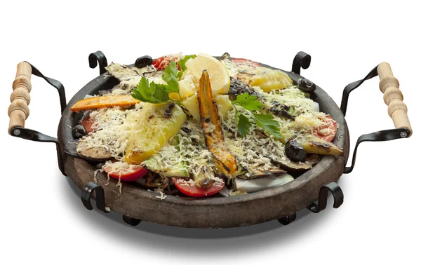 Grilled vegetables with cheese in a clay sach — Stock Photo, Image