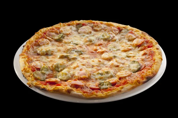 Pizza with cheese, pickles and sausage isolated on a black backg — Stock Photo, Image