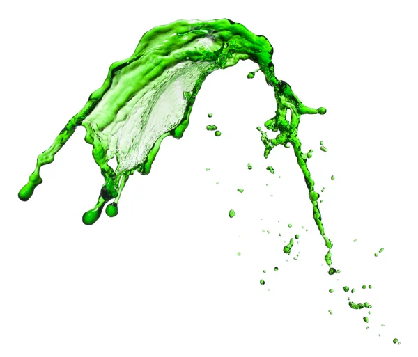 Liquido verde spray volante su sfondo bianco — Foto Stock