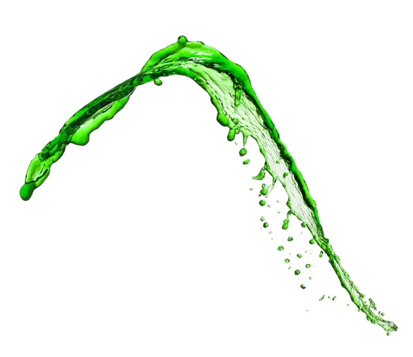 Latający spray zielony płyn na białym tle — Zdjęcie stockowe