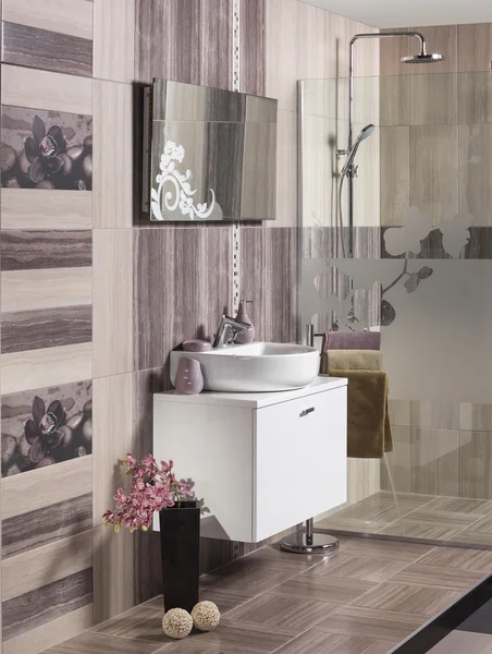 Moderno cuarto de baño con lavabo, ducha y accesorios — Foto de Stock