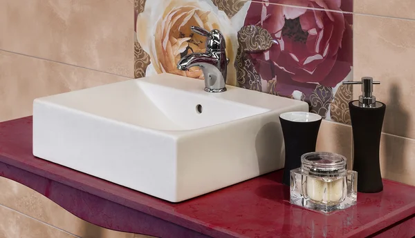 Detail of a modern bathroom with floral motif tiles — Stock Photo, Image