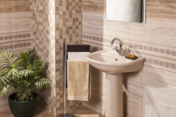 Lavabosu olan modern bir banyo.