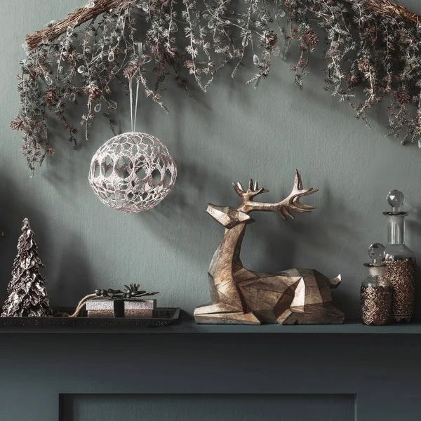 Komposisi Natal Rak Interior Ruang Tamu Dekorasi Yang Indah Pohon — Stok Foto