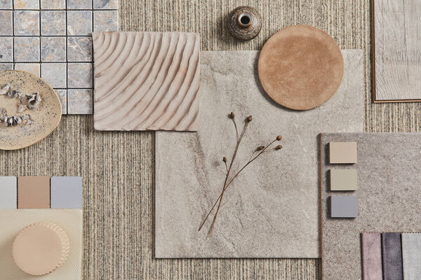 Flat Lay Creative Design Beige Architect Moodboard Composition Samples Building — Stock Photo, Image
