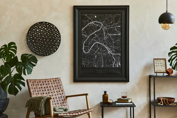 포스터 안락의자 공업용 기하학적 액세서리 있는우아 실내의 아름다운 조화가 템플릿 — 스톡 사진