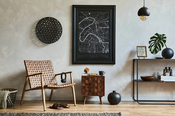 Stilvolle Komposition Aus Elegantem Maskulinen Wohnzimmerinterieur Mit Posterattrappe Braunem Sessel — Stockfoto