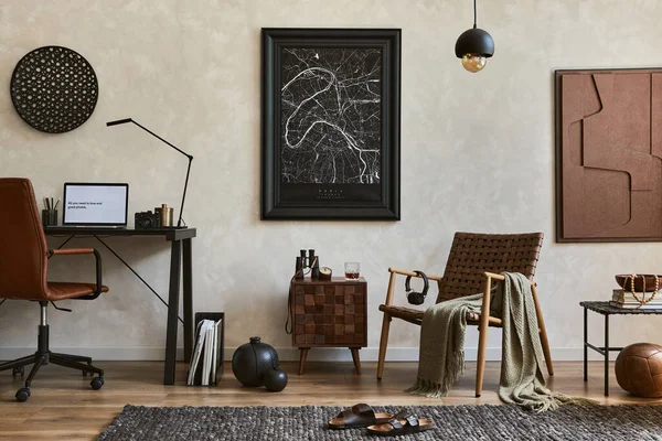 Composición Creativa Del Elegante Interior Masculino Oficina Casa Con Marco — Foto de Stock
