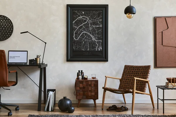Composición Creativa Del Elegante Interior Masculino Oficina Casa Con Marco — Foto de Stock