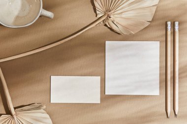 Tekstil, kalem, kaya, ahşap, doğal malzemeler, kuru bitkiler ve kişisel aksesuarlarla birlikte düz bir iç kompozisyonu vardı. Nötr renkler, üst görünüm, şablon.