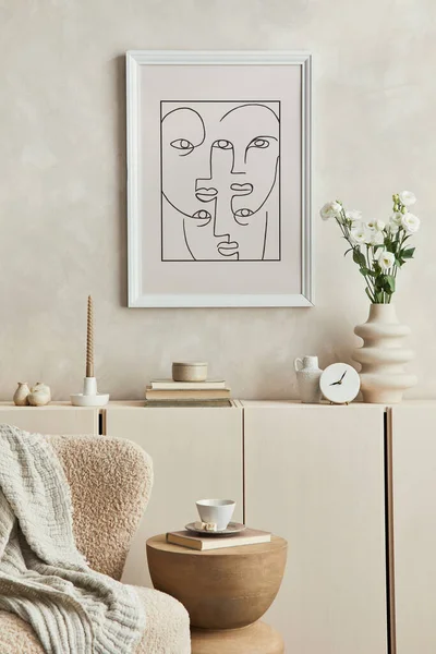 Stylový Design Interiéru Obývacího Pokoje Modelovým Rámečkem Plakátu Nadýchaným Křeslem — Stock fotografie