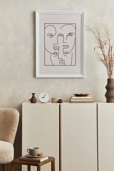 Stylish Living Room Interior Design Mock Poster Frame Fluffy Armchair — Stock Photo, Image