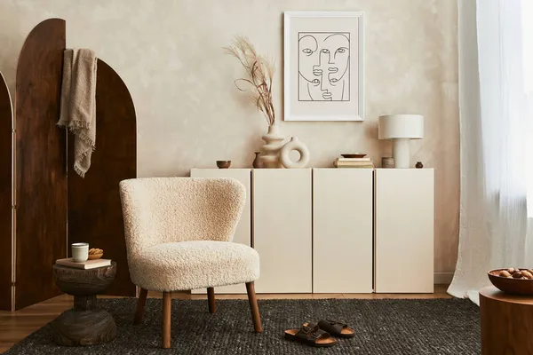 Elegante Composición Acogedor Diseño Interior Sala Estar Con Marco Póster — Foto de Stock