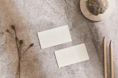 Minimalist düz kompozisyon, ziyaret kartları, kaya, doğal malzemeler, kurumuş bitkiler ve kişisel aksesuarlarla hazırlandı. Nötr renkler, üst görünüm, şablon.