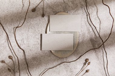 Zarif minimalist düz kompozisyon. Ziyaret kartları, kaya, doğal malzemeler, kuru bitkiler ve kişisel aksesuarlar. Nötr renkler, üst görünüm, şablon.
