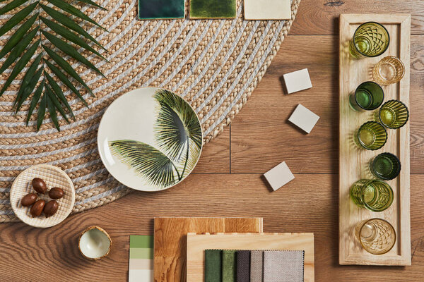 Flat Lay Creative Architect Moodboard Composition Samples Building Orange Textile — Stock Photo, Image