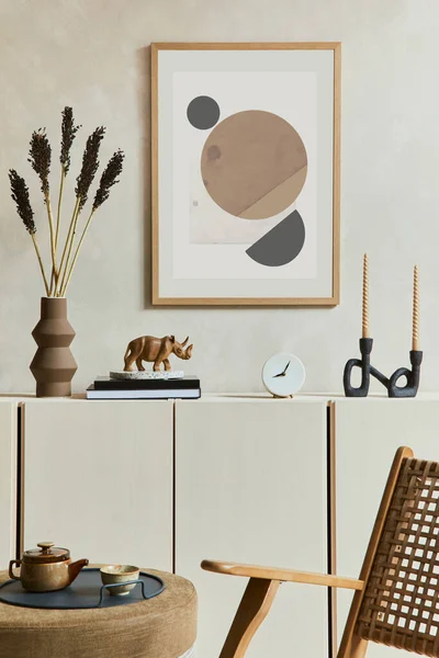 Composition Intérieure Créative Moderne Beige Salon Avec Cadre Affiche Maquette — Photo