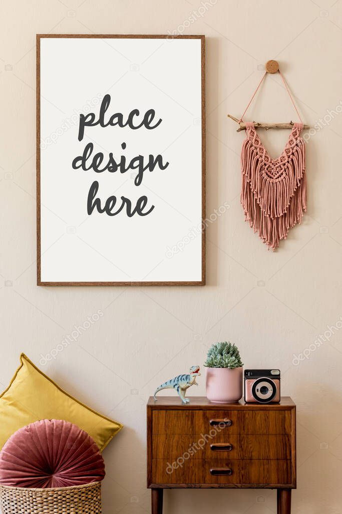 Modern scandinavian living room interior with mock up poster frame, design retro commode, macrame, color pillows and elegant personal accessories. Japandi. Template. Stylish home decor. Beige wall