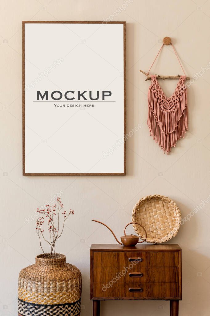 Modern scandinavian living room interior with mock up poster frame, design retro commode, macrame, rattan decoration and elegant personal accessories. Japandi. Template. Stylish home decor. Beige wall