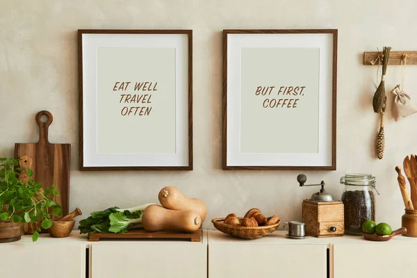 Composição Elegante Cozinha Moderna Design Interiores Com Molduras Cartaz Simulado — Fotografia de Stock