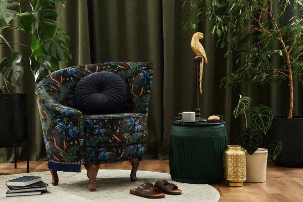 Stylish Interior Modern Living Room Retro Design Armchair Plants Pouf — Stock Photo, Image