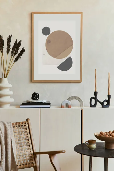 Gaya Dan Modern Ruangan Tamu Krem Komposisi Interior Dengan Mock — Stok Foto