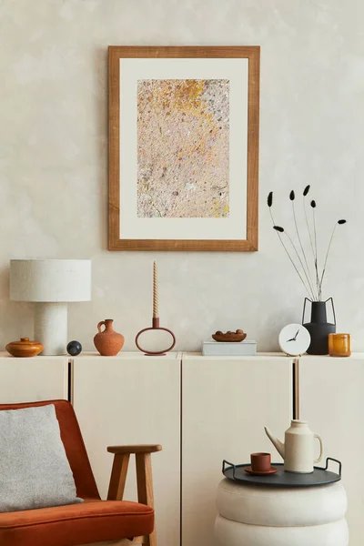 Stylová Kompozice Moderního Interiéru Obývacího Pokoje Modelovým Rámečkem Plakátu Dřevěným — Stock fotografie