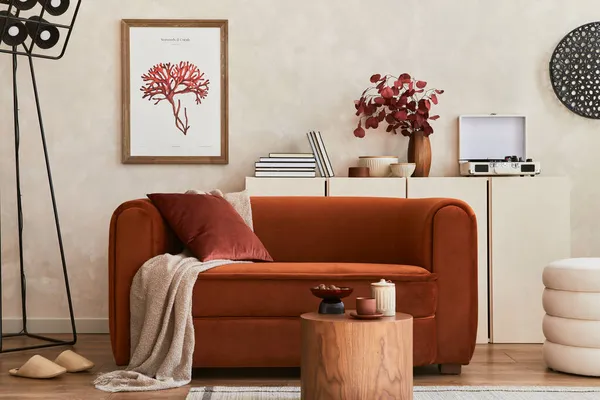 Interior Bergaya Ruang Tamu Modern Dengan Sofa Desain Retro Bingkai — Stok Foto