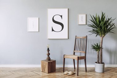 Antika sandalyeli, rattan terlikli, ahşap küplü, masa lambalı, tropikal bitki poster çerçeveli ve zarif aksesuarlı bir oturma odası tasarımı. Modern ev dekorasyonu. Şablon.