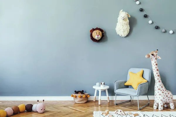 Creative Composition Stylish Cozy Child Room Interior Design Eucalyptus Wall — Stock Photo, Image