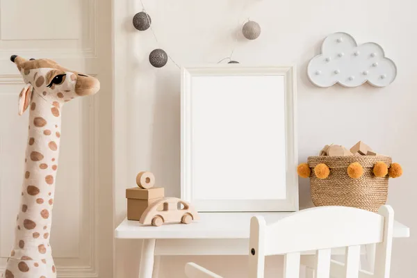 Modern Design Scandinavian Interior Kidroom White Desk Armachirs Mock Poster — Stock Photo, Image