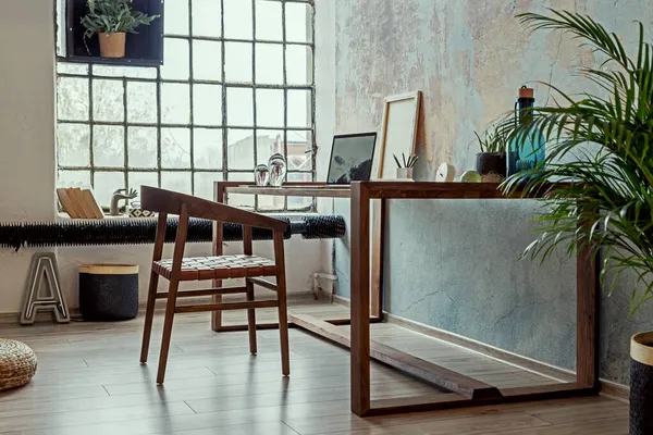 Elegante Diseño Interior Espacio Oficina Apartamento Loft Con Escritorio Madera — Foto de Stock