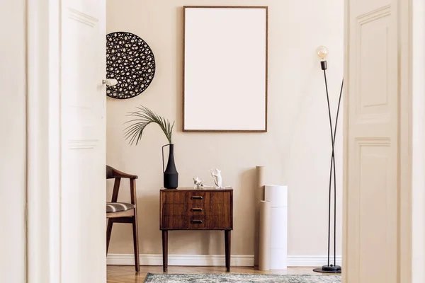 Scandinavian Design Home Interior Living Room Mock Poster Map Wooden — стоковое фото