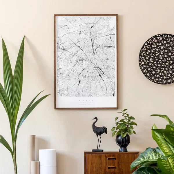 Moderne Scandinavische Woonkamer Interieur Met Bruine Mock Poster Frame Design — Stockfoto