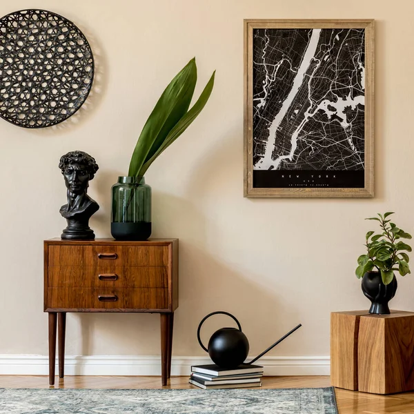 Design scandinavian home interior of living room with mock up poster map, stylish wooden commode, cube, sofa, flowers in vase and elegant personal accessories. Modern home staging. Template. Japandi.