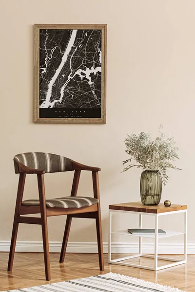 Modern Composition Living Room Interior Brown Mock Poster Frame Design — Stock Photo, Image